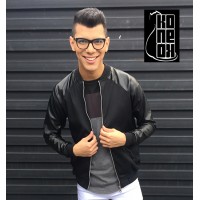 Chaqueta Bomber Jacket Negra con Mangas de Cuerina KonekoDesign