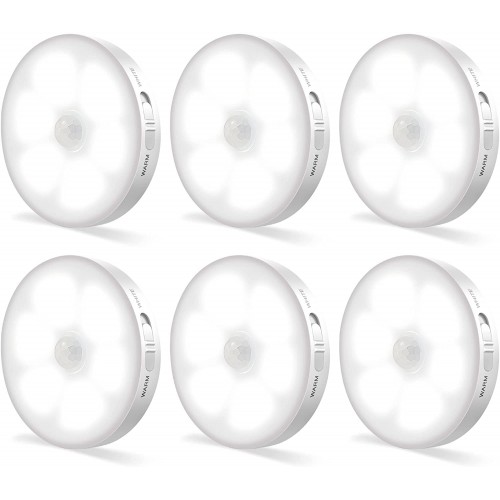 YEEYIN - Luz nocturna con sensor de movimiento para interiores, paquete de 6 luces LED inalámbricas recargables inteligentes para armario, funciona con pilas, luces debajo del gabinete, sensor de movimiento