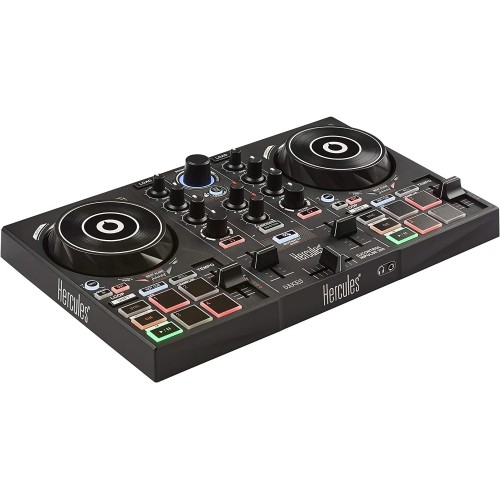 Hercules DJ - Controlador de DJ DJControl Inpulse 200 con USB, 2 pistas con 8 almohadillas y tarjeta de sonido, software y tutoriales incluidos