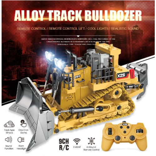 Juguete de tractor excavadora  con pala metálica a control remoto  con batería recargable.