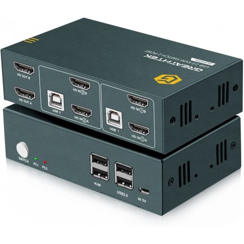 GREATHTEK KVM Switch HDMI Dual Monitor 2 Puertos, 4K 60Hz UHD Resolución YUV, 4 Hub USB 2.0 Soporta dispositivos USB 2.0