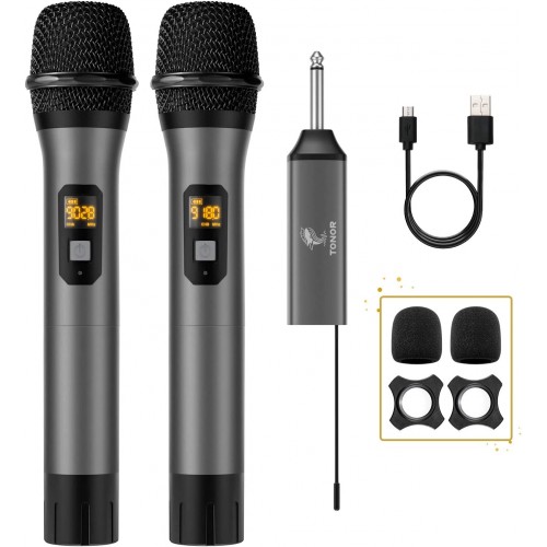 Micrófono inalámbrico, sistema de micrófono dinámico de metal inalámbrico dual TONOR UHF con receptor recargable, para karaoke 200 pies
