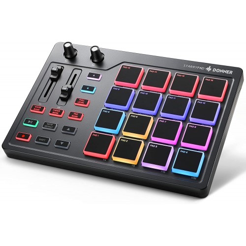 Donner MIDI Pad Beat Maker con 16 almohadillas de ritmo, 2 atenuadores  y software de producción,controlador USB MIDI Pad STARRYPAD