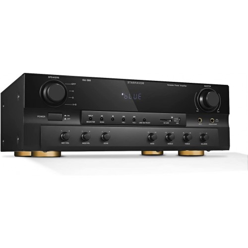 Starfavor KA-500 amplificador doméstico de 6 canales, karaoke de 500 W,  Bluetooth, RCA en USB, SD, FM, 2 micrófonos en Echo