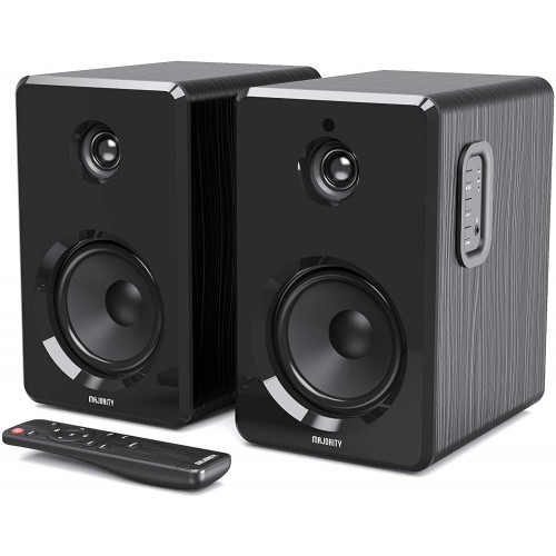 Majority Altavoces amplificadores D40 - Altavoces Bluetooth para estantería con reproducción USB, madera clásica negra con conexión múltiple