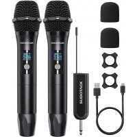 SUDOTACK - Micrófono inalámbrico, sistema de micrófono dinámico de mano dual inalámbrico UHF con receptor recargable, rango de 200 pies