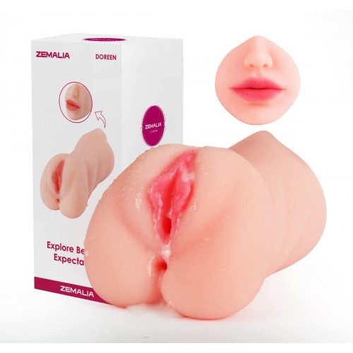 Masturbador masculino 3 en 1, vagina de bolsillo con boca realista, vagina texturizada y ano apretado.