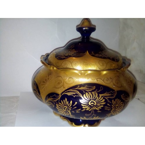 Antiguo Envase de Porcelana Lindner Kueps Bavaria Echt Cobalt Azul Cobalto Rheingold