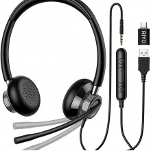 RIYO Auriculares USB con micrófono giratorio con controles en línea Audífon...